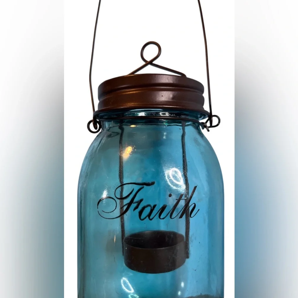 “Faith” Blue Glass Tealight Candle Lantern